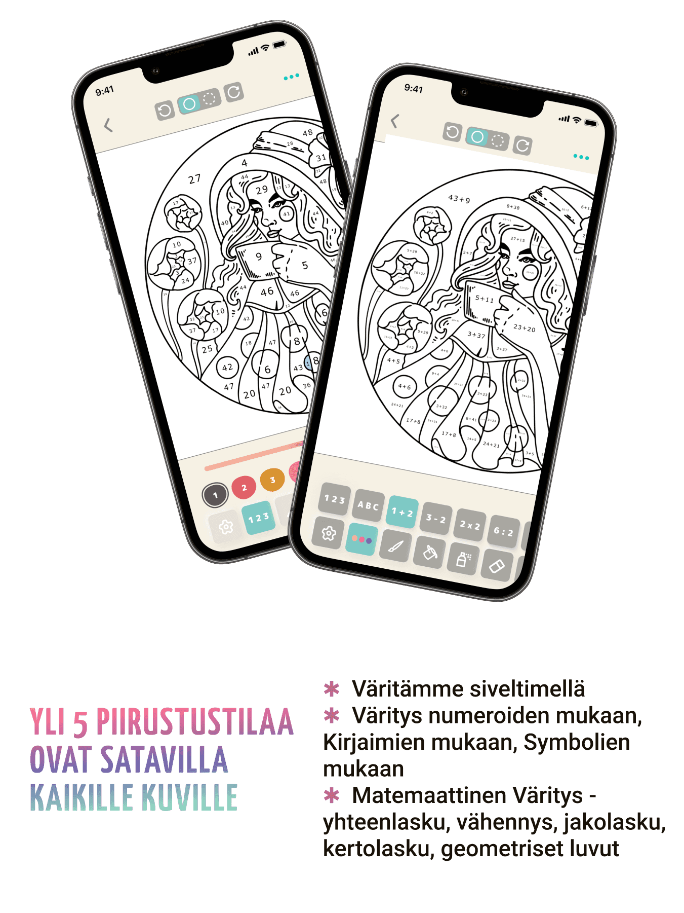 Maalaus harjilla tai pelaaminen numeroilla ja kirjaimilla