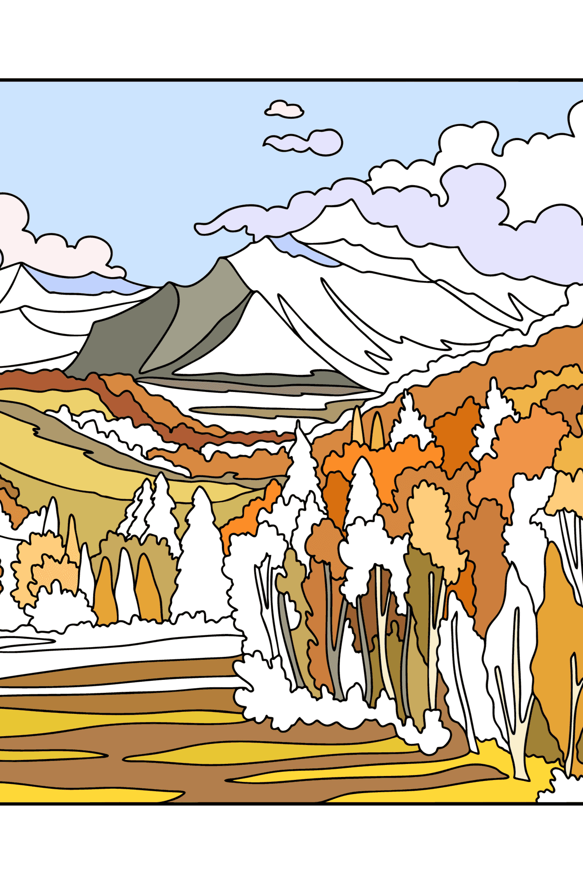 Tegning til fargelegging Høst i Colorado - farge bok for voksne