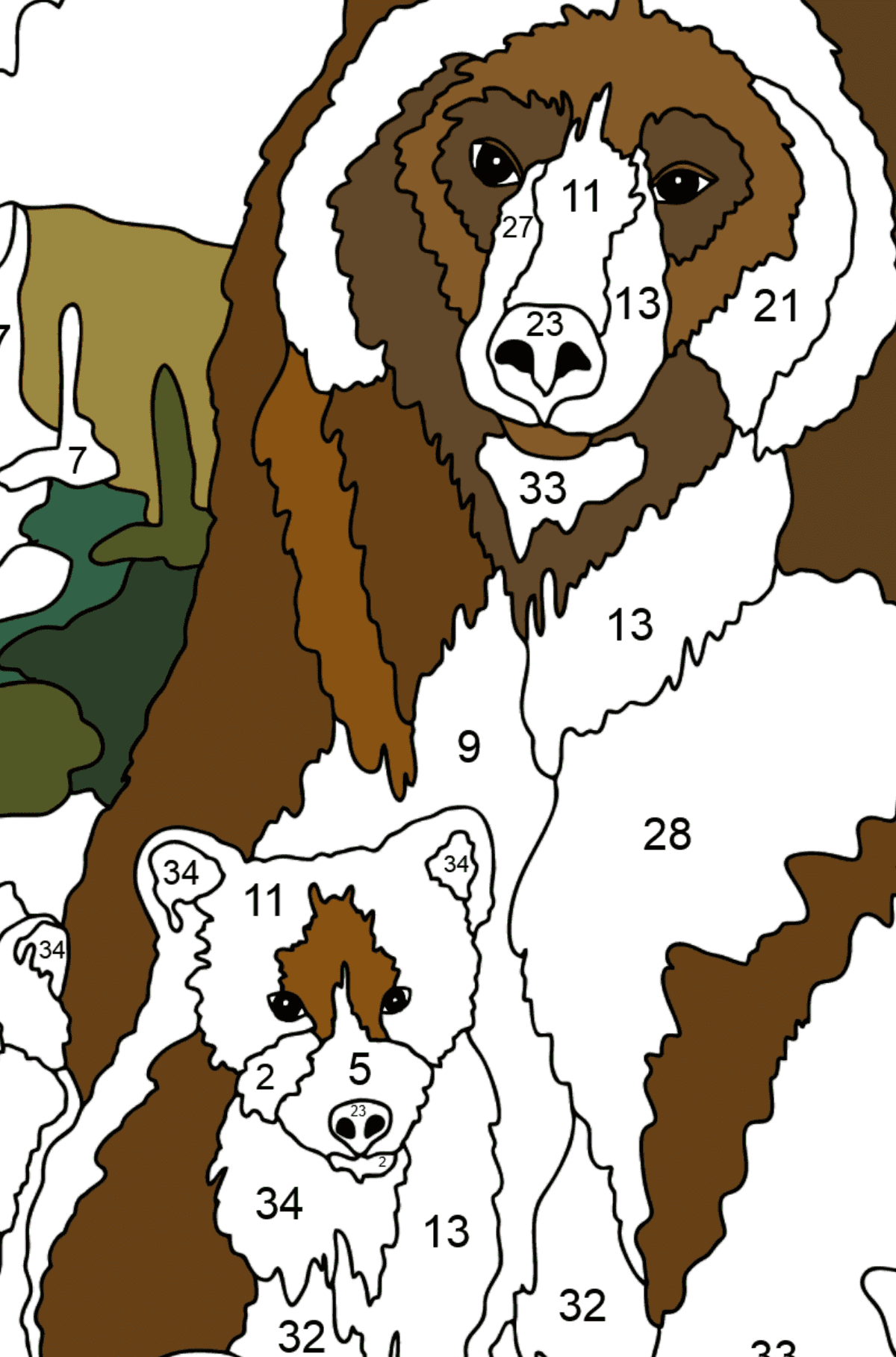 Раскраска Медведь с медвежатами - Раскраска по Номерам для Взрослых