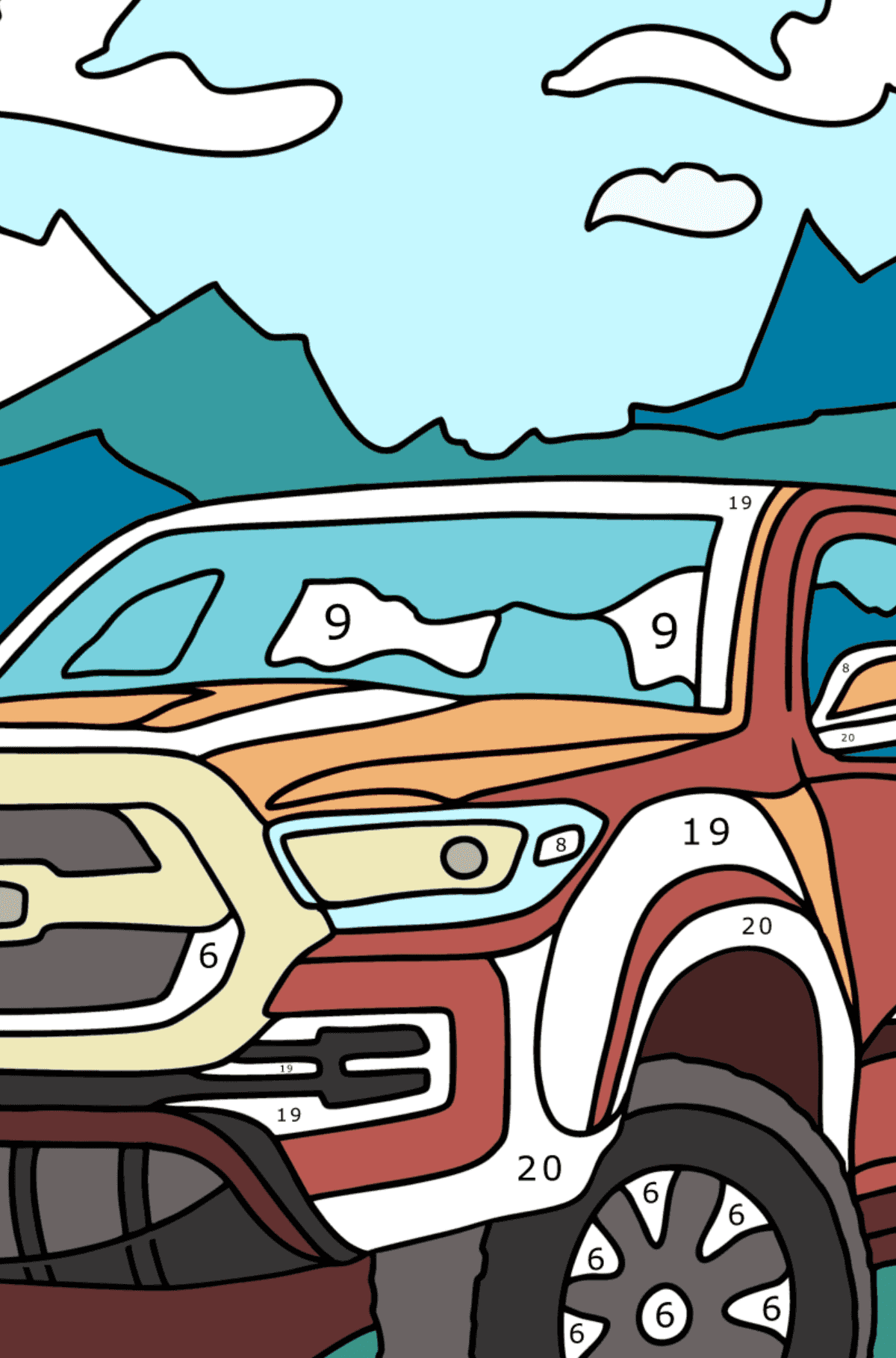 Pickup car coloring page - Coloring by Numbers for Adults