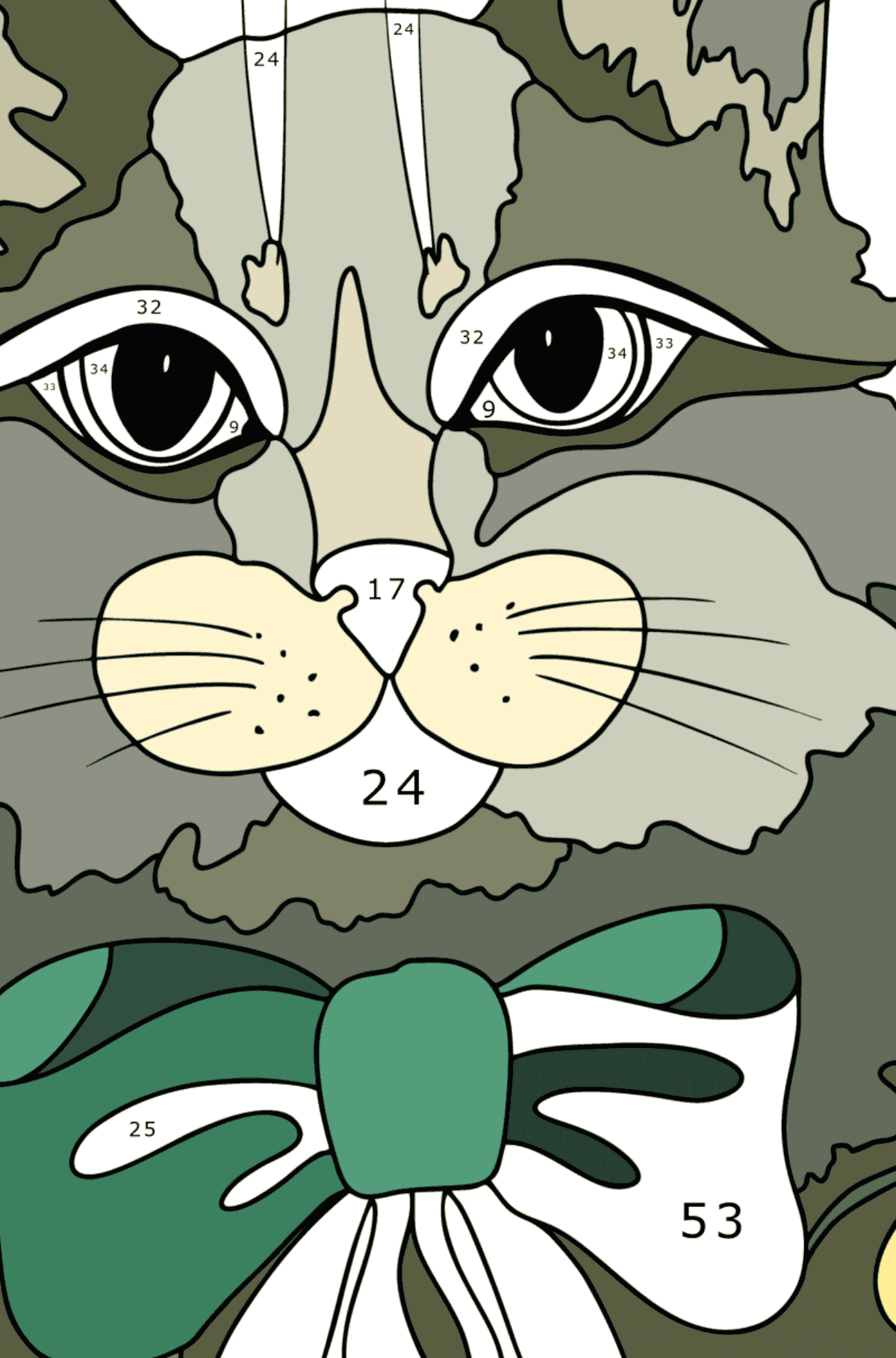 Cat head coloring page - Coloring by Numbers for Adults
