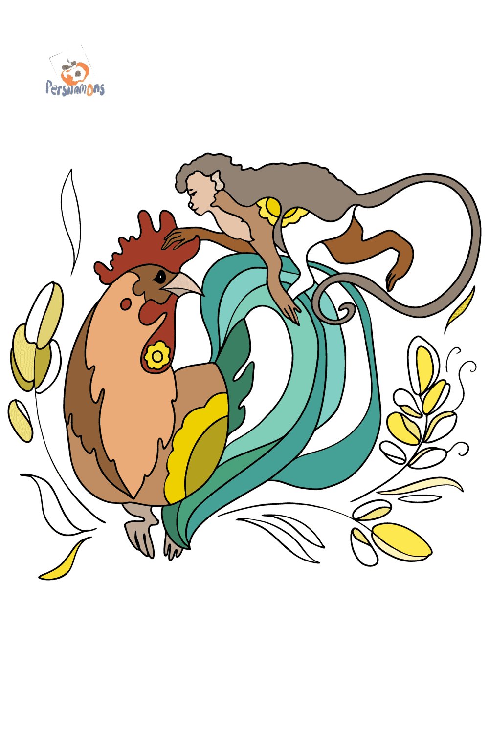 Year of the monkey and the rooster Chinese New Year coloring pages