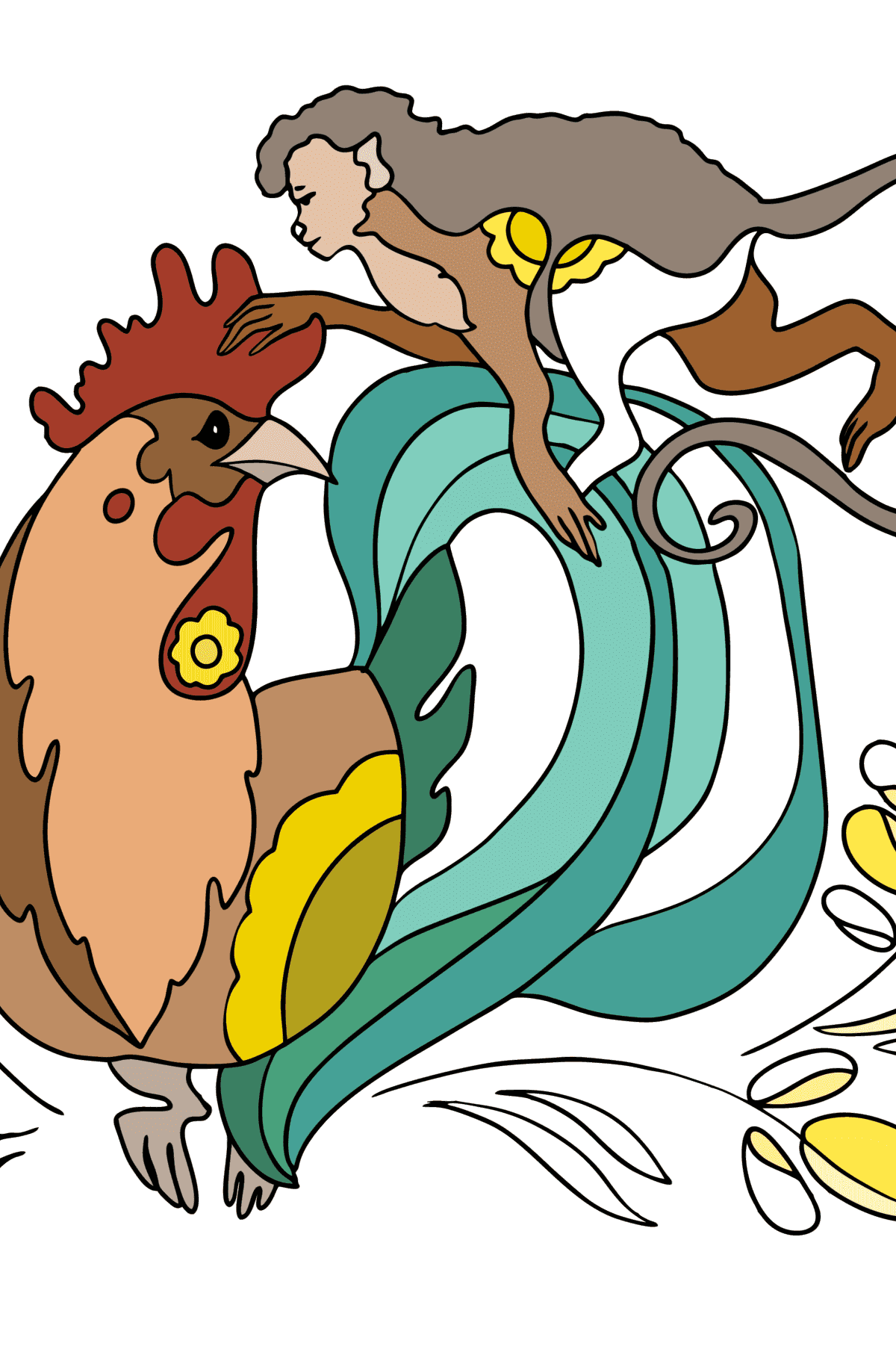Mewarnai gambar Tahun monyet dan ayam jago - buku mewarnai untuk orang dewasa