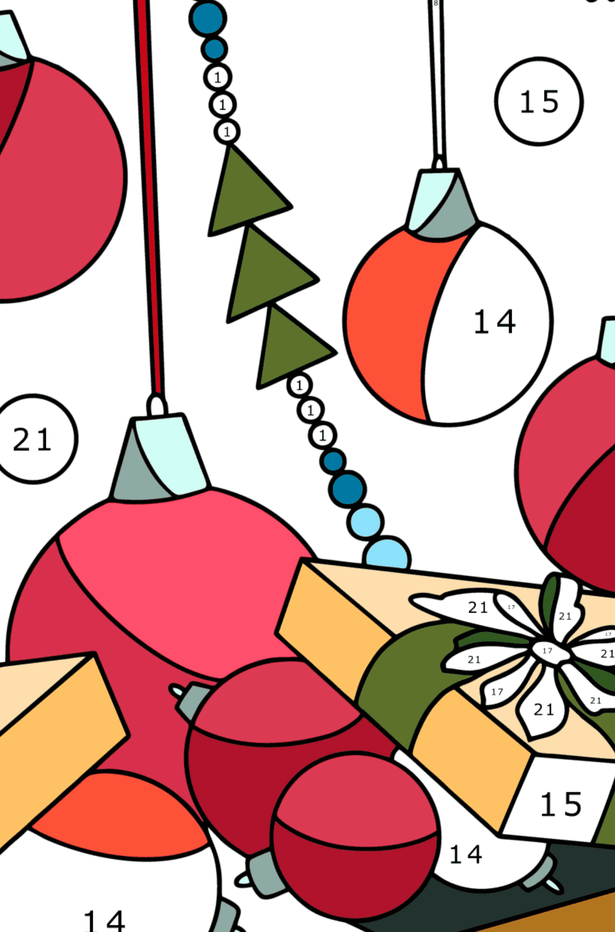 Раскраска Ёлочные шары на елке - Раскраска по Номерам для Взрослых