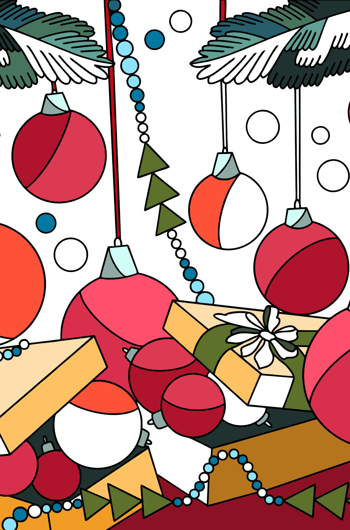 Kleurplaat Kerstballen in de kerstboom  - kleurboek voor volwassenen