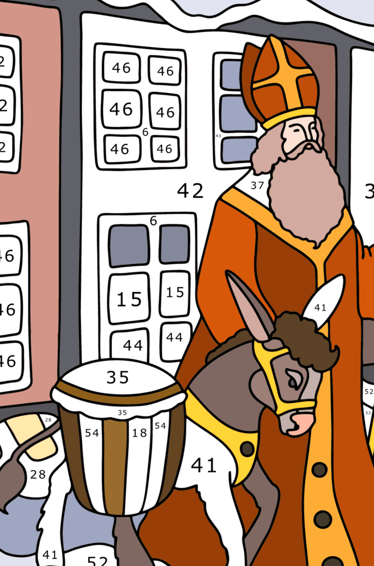 Раскраска Святой Николаус с осликом - Раскраска по Номерам для Взрослых