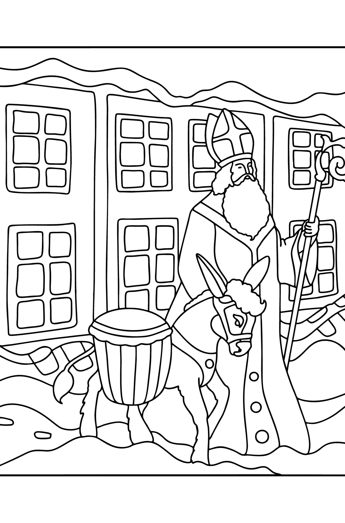 Desenho São Nicolau com um burro para colorir - Imagens para Colorir para adultos