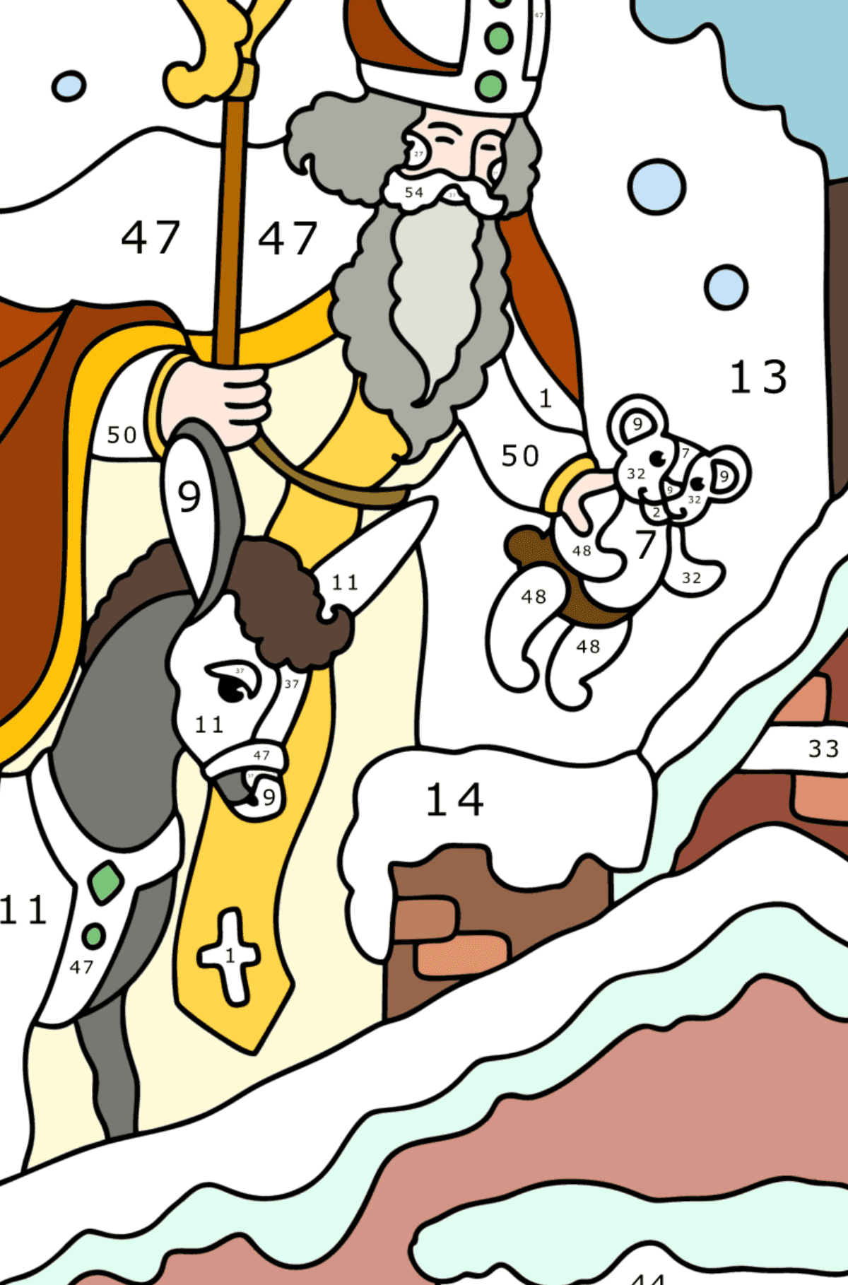 Saint Nikolaus brought gifts coloring page - Coloring by Numbers for Adults