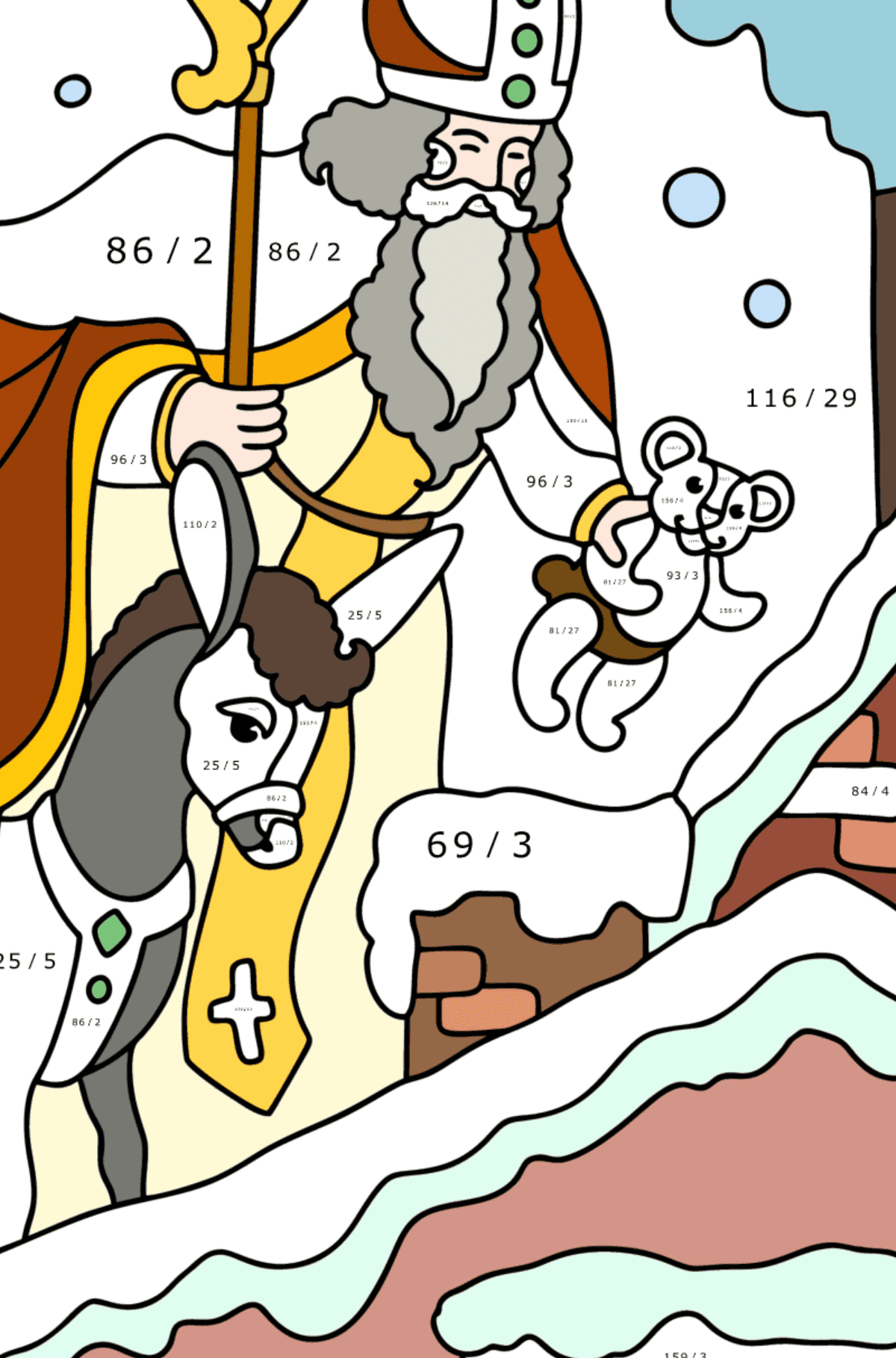 Saint Nikolaus brought gifts coloring page - Math Coloring - Division for Adults