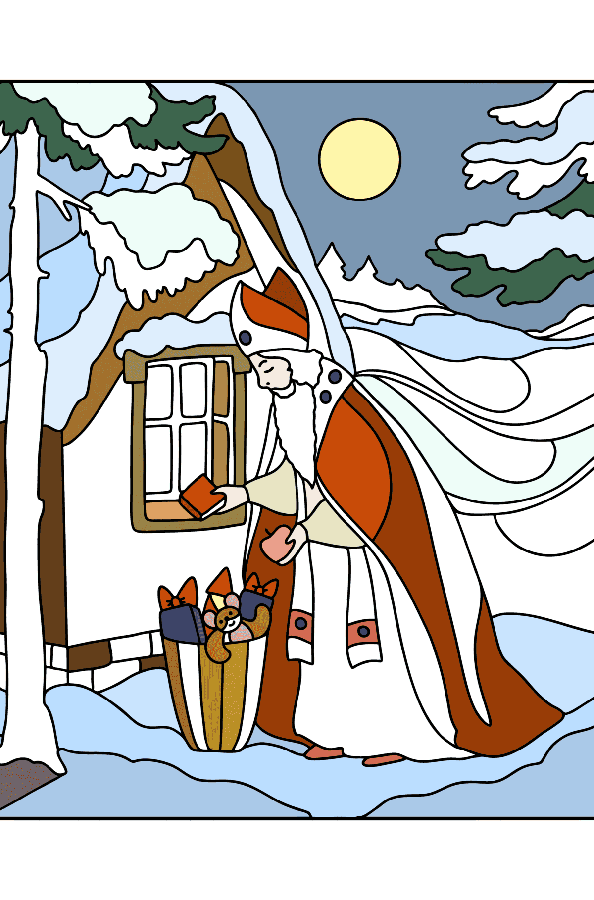 Tegning til farvning Saint Nikolaus sætter gaver under vinduet - malebog for voksne