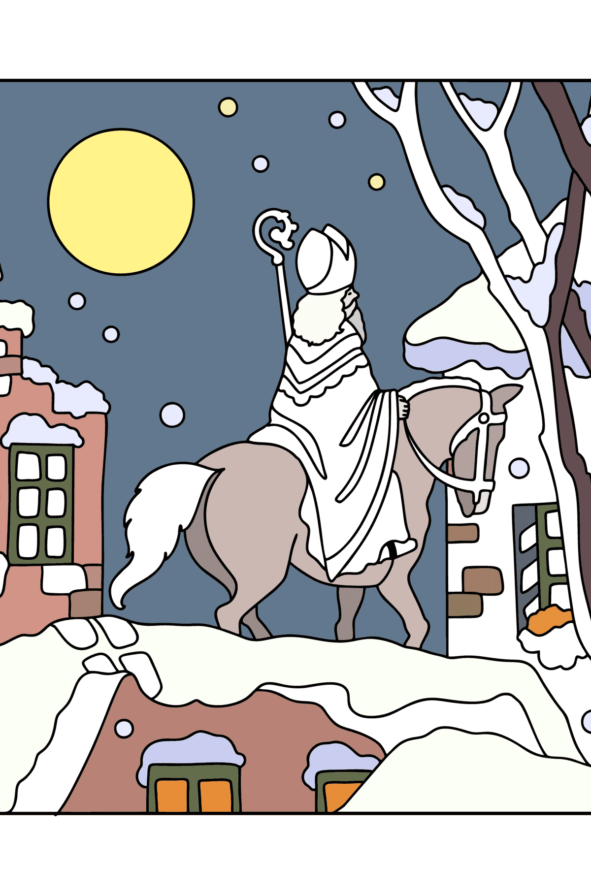 Tegning til farvning St. Nicholas går langs tagene - malebog for voksne