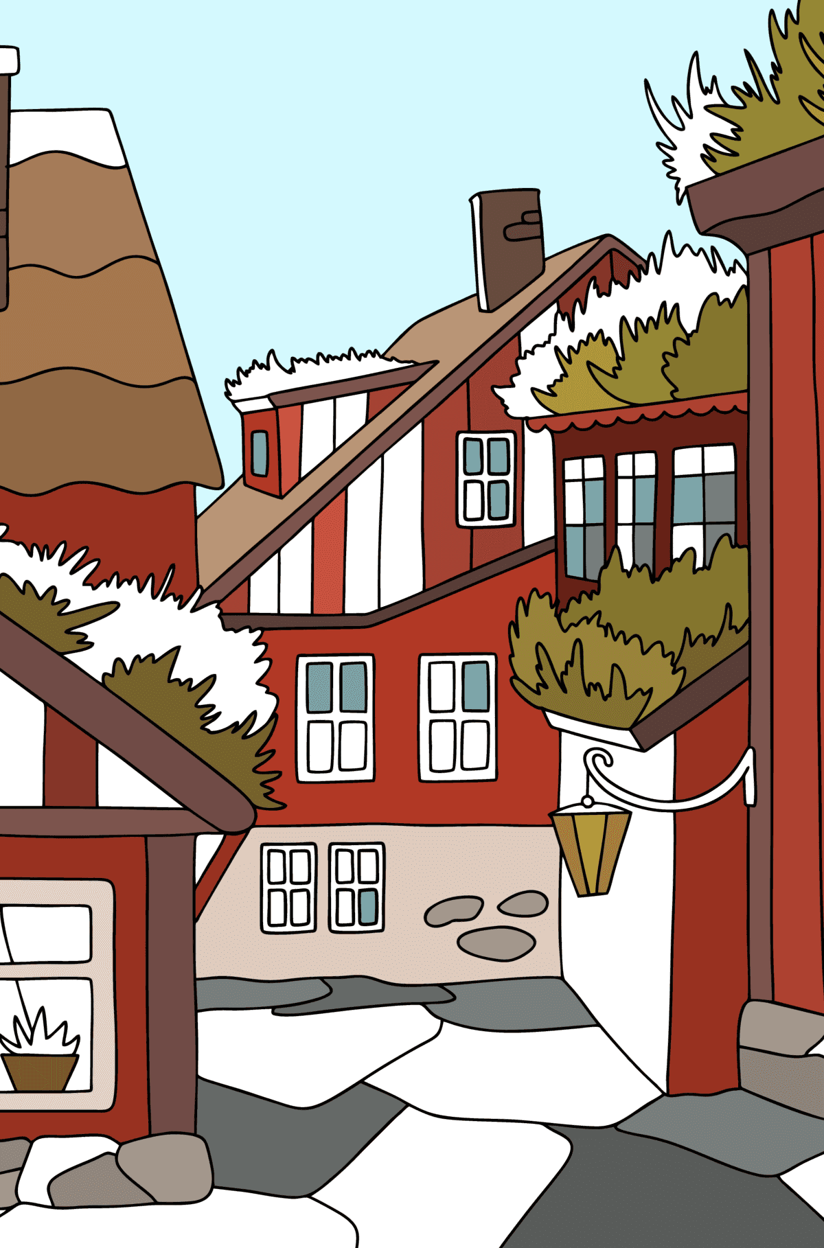 Tegning til fargelegging By i fjellene i Sør -Europa - farge bok for voksne