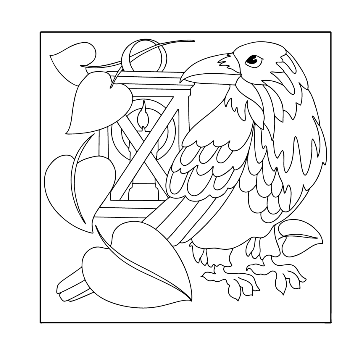 Crow and lantern coloring page | Coloring-for-Adults.com