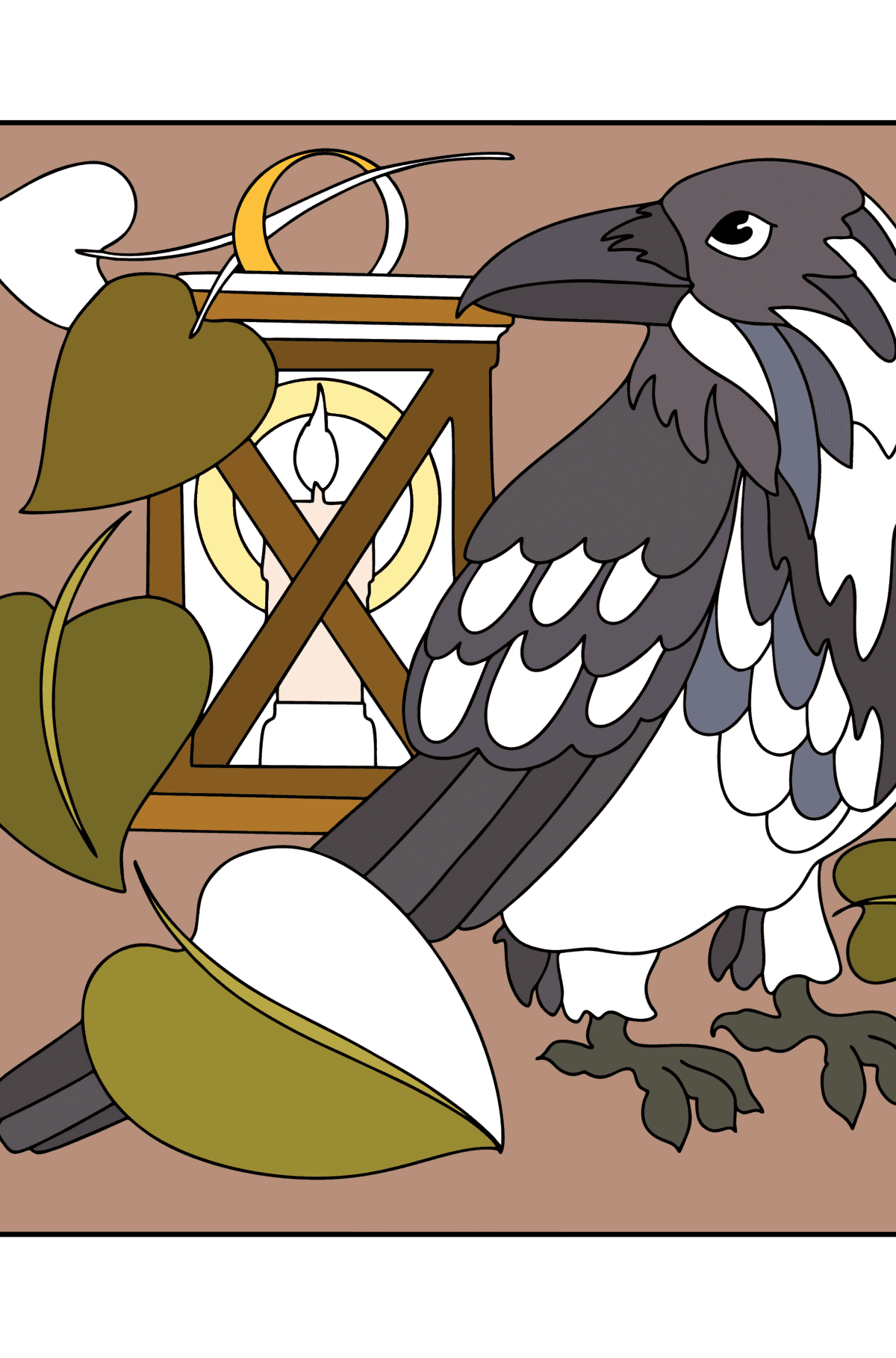 Tegning til fargelegging Raven og Lantern - farge bok for voksne