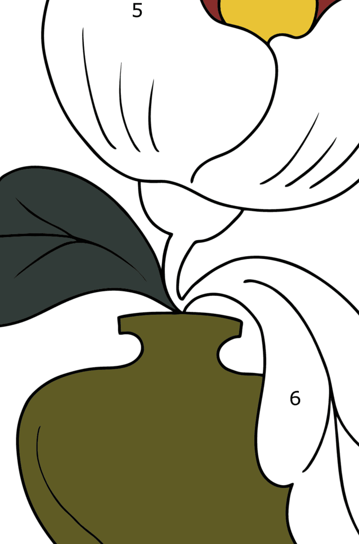 Tegning til farvning Blomster i en vase for børn - spille efter tal 