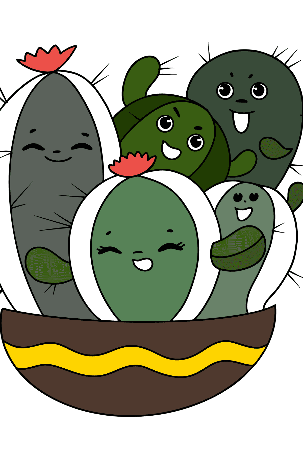 Tegning til farvning Kaktus familie - malebog for voksne