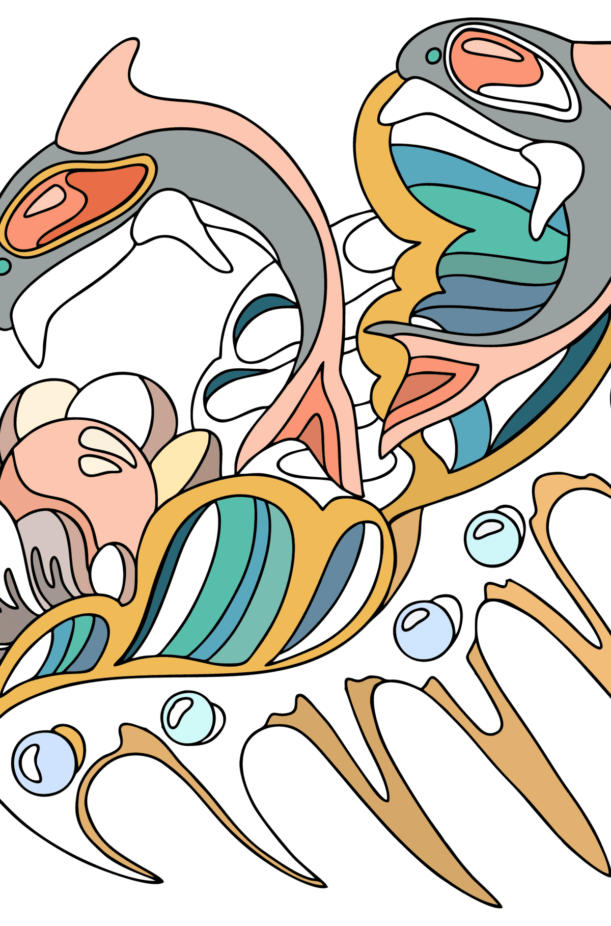 Coloriage Pétoncle aux dauphins et perles - Coloriages pour adultes