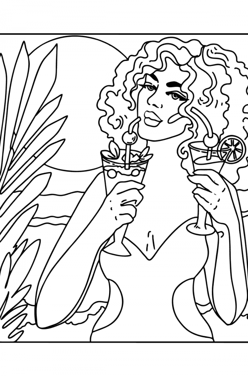 Girl And Cocktails Drinks Coloring Pages For Adults Online