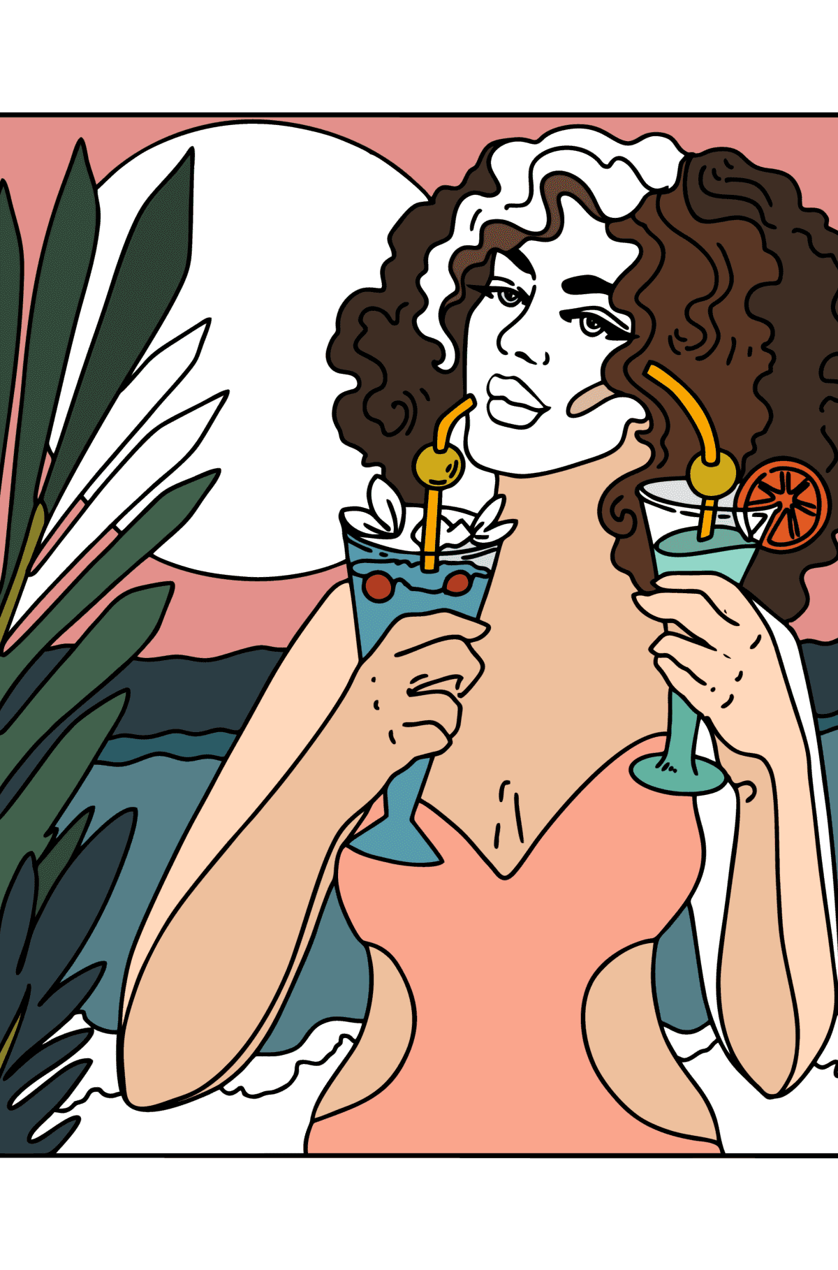 Målarbild Flicka och cocktails - målarbok för vuxna