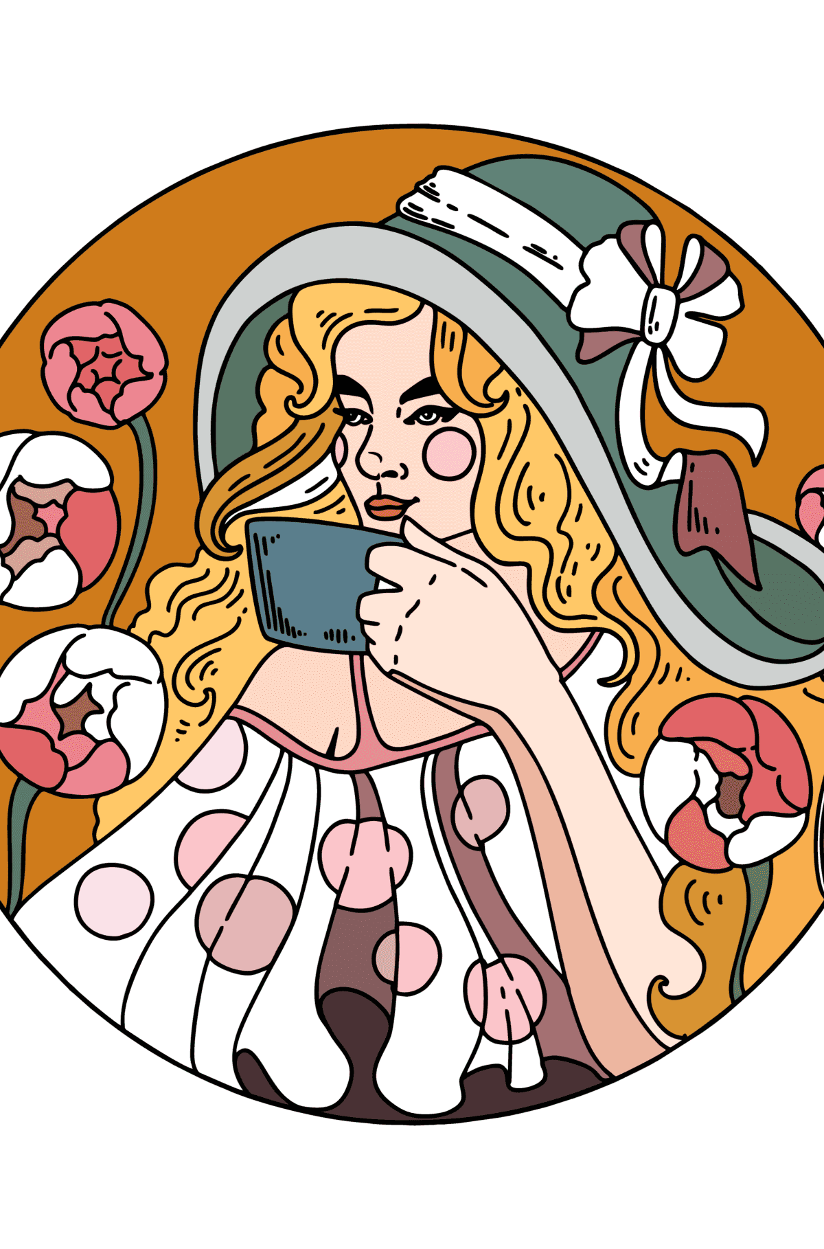 Dibujo Niña joven, bebida, café para colorear - Dibujos para Colorear para Adultos