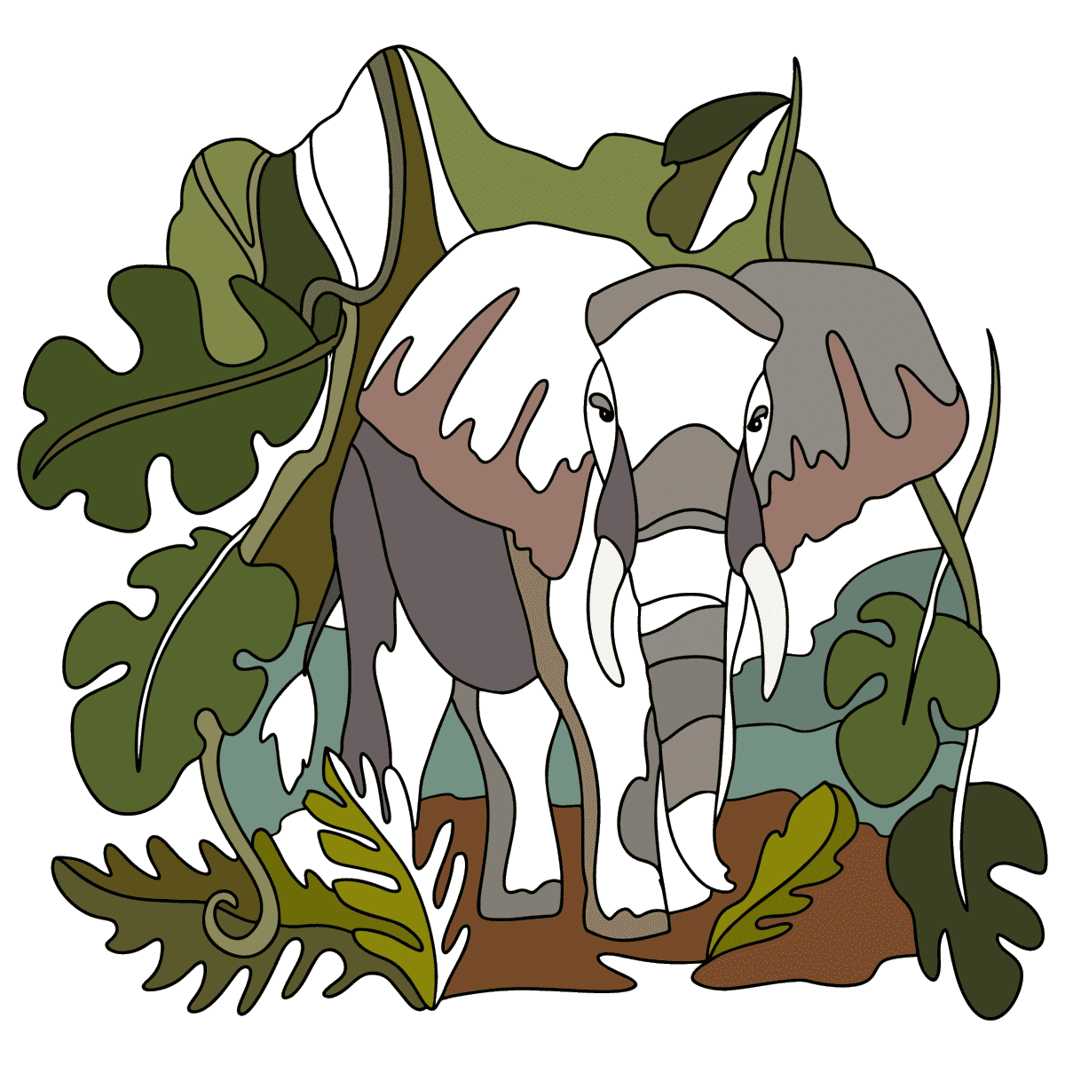 Elephant in the jungle - Elephants coloring pages for Adults online