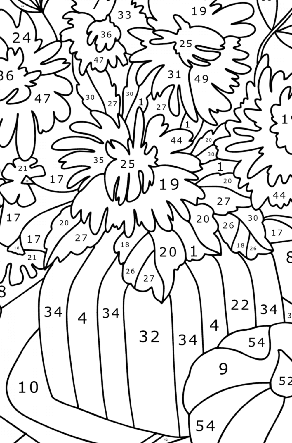 Chrysanthemums and pumpkin - Flowers Coloring Pages for Adults Online