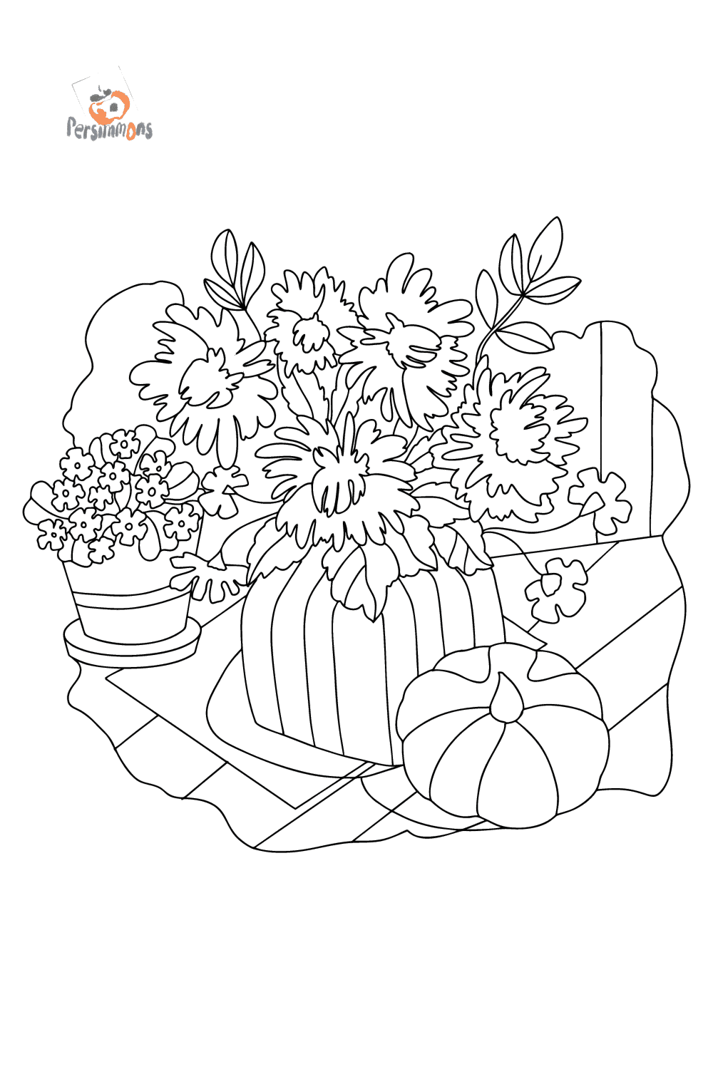 Chrysanthemums and pumpkin - Flowers Coloring Pages for Adults Online