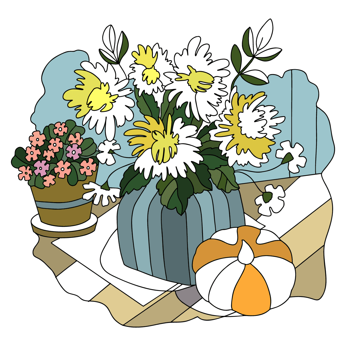 Chrysanthemums and pumpkin - Flowers Coloring Pages for Adults Online