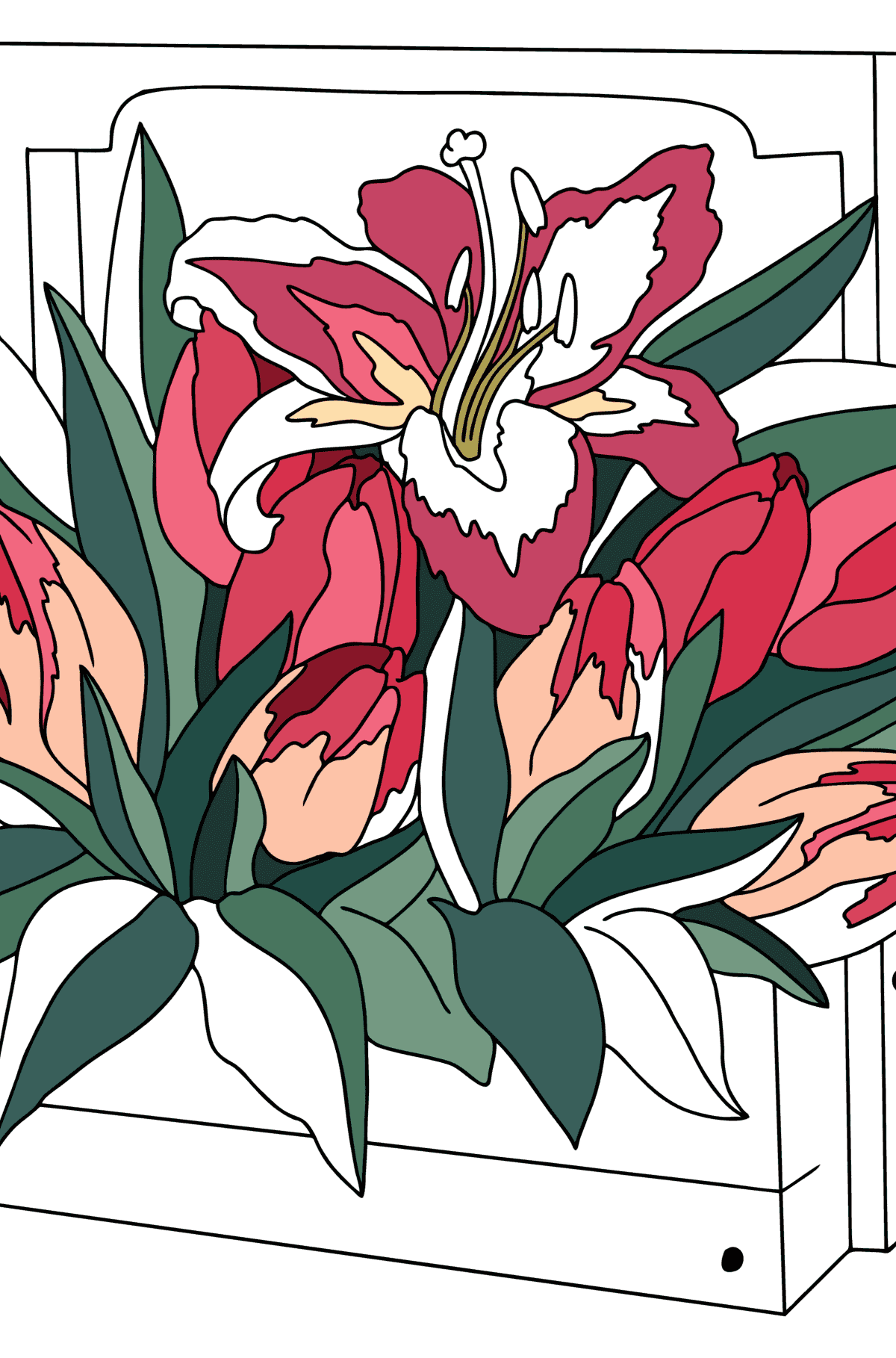 Tegning til farvning Liljer i en kurv - malebog for voksne
