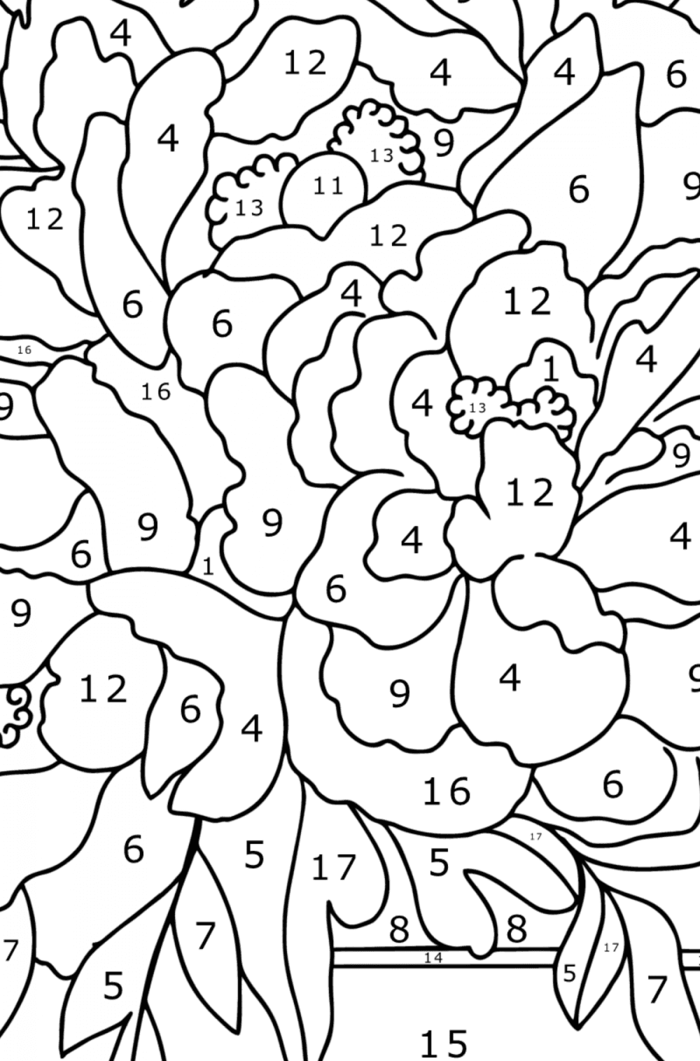 Peonies in a basket - Flowers Coloring Pages for Adults Online