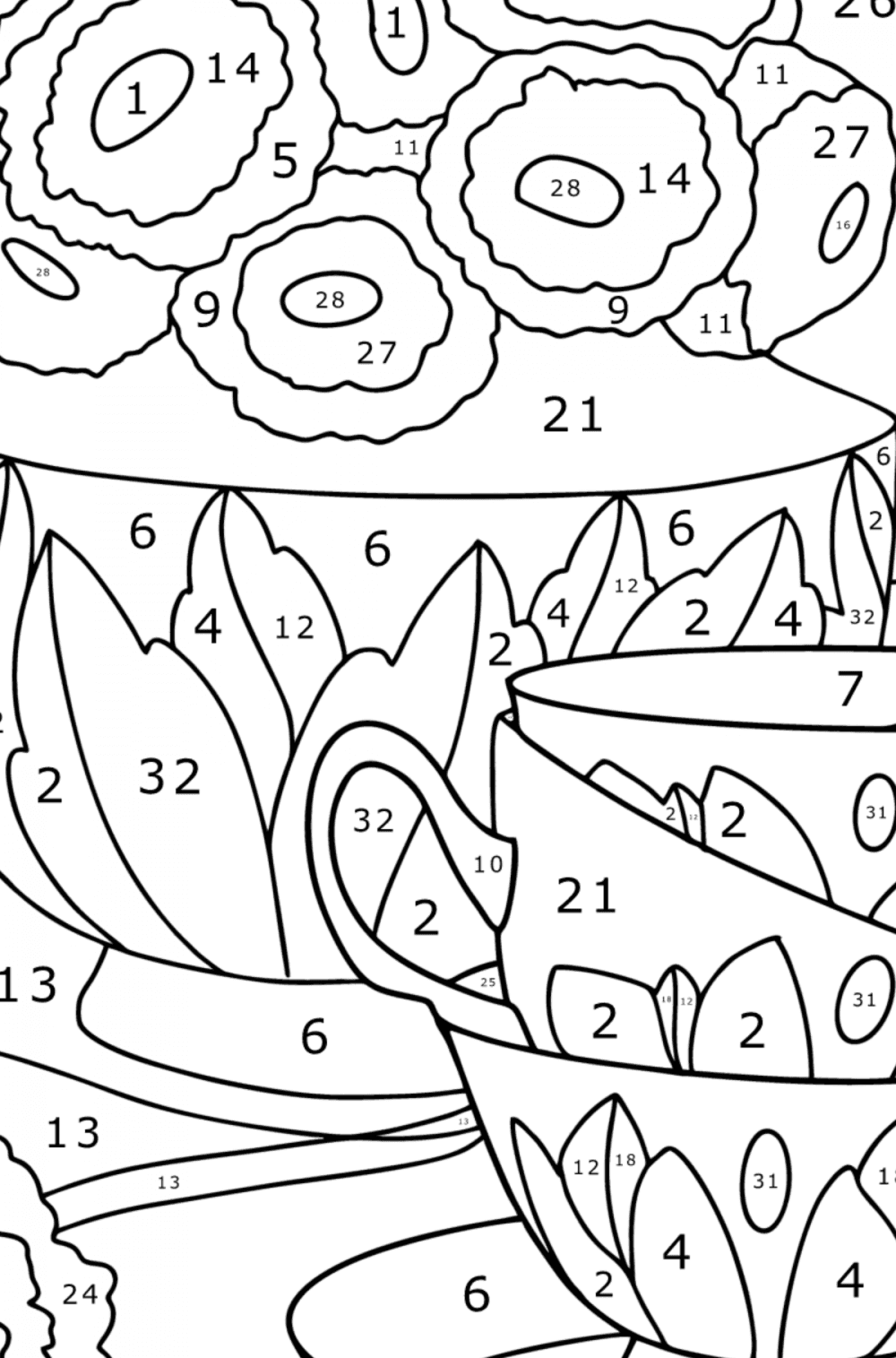 Service and a bouquet of daisies - Flowers Coloring Pages for Adults