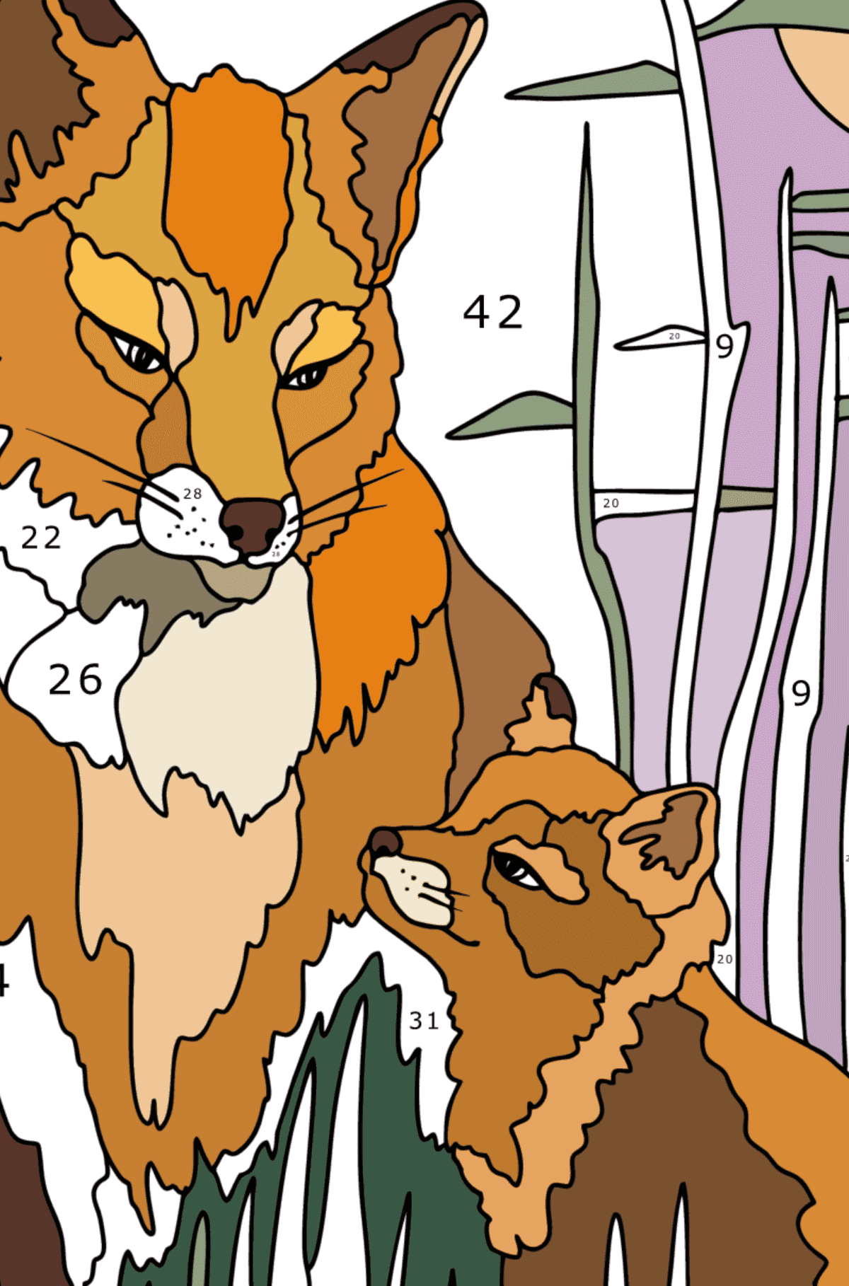 Раскраска Лиса и лисенок - Раскраска по Номерам для Взрослых