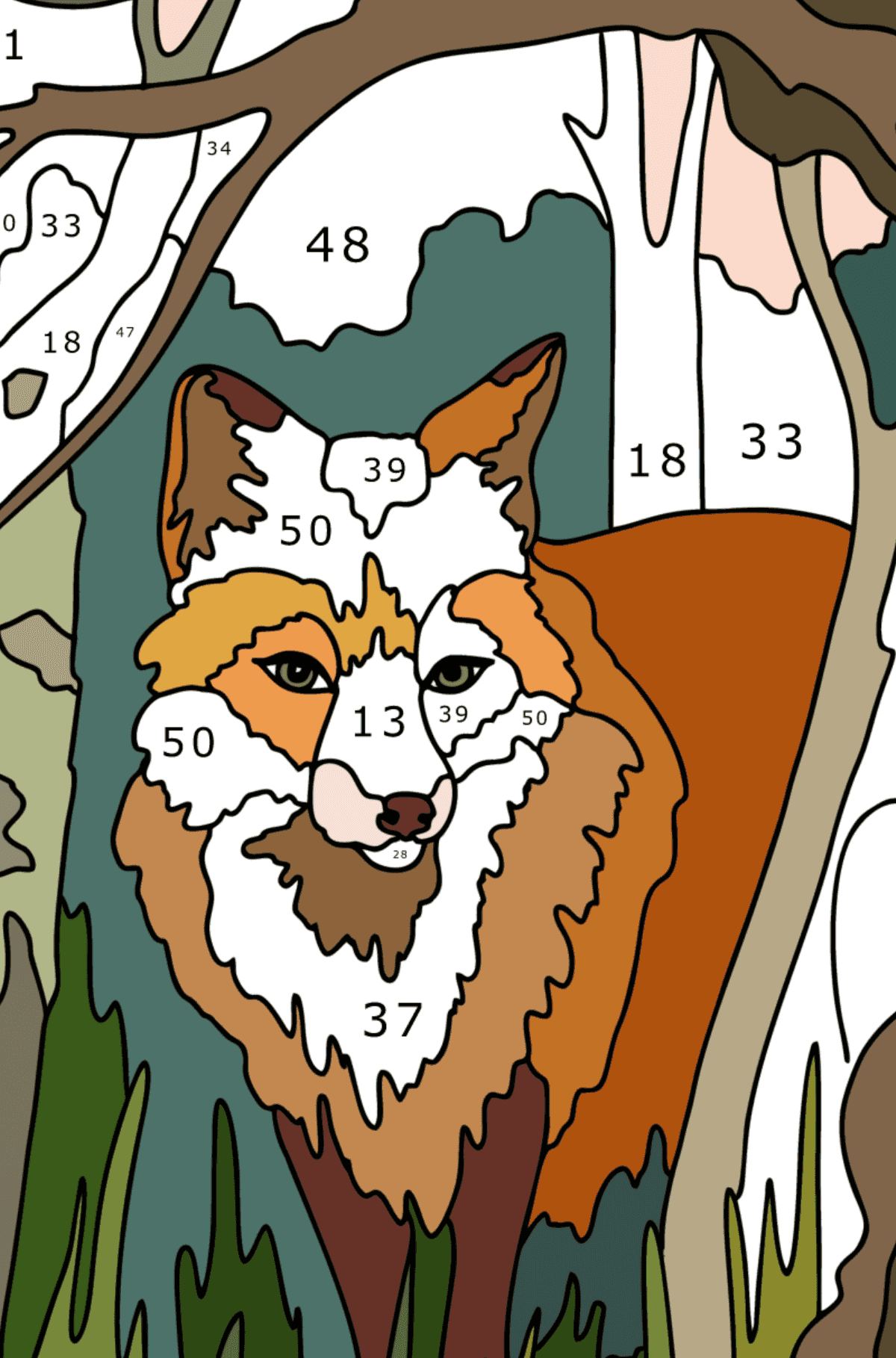 Раскраска Лисица в лесу - Раскраска по Номерам для Взрослых