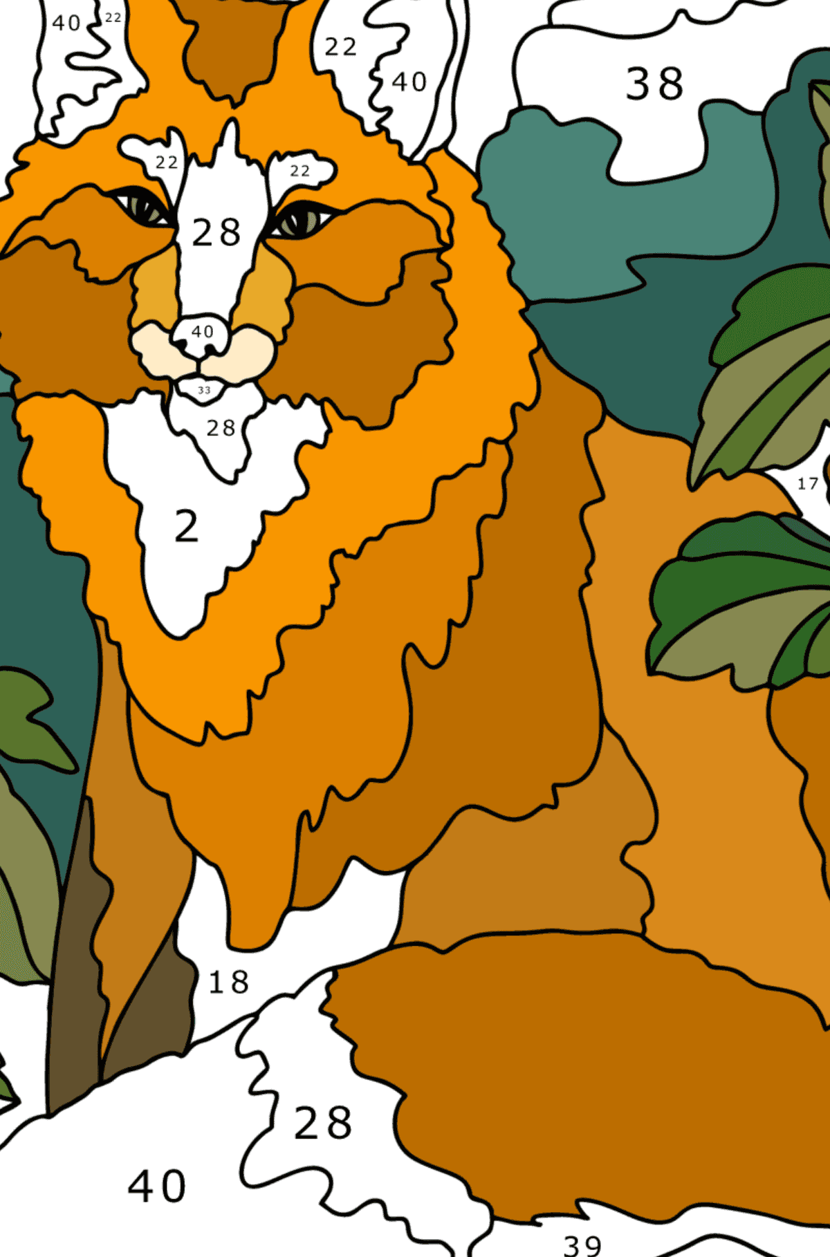 Раскраска Красивая лиса - Раскраска по Номерам для Взрослых