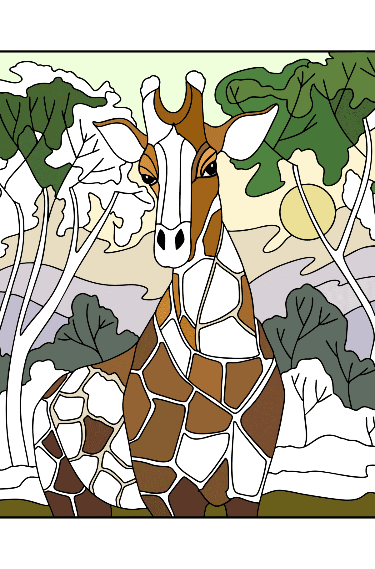 Ausmalbild Giraffe in der Savanne - Malvorlagen für Erwachsene