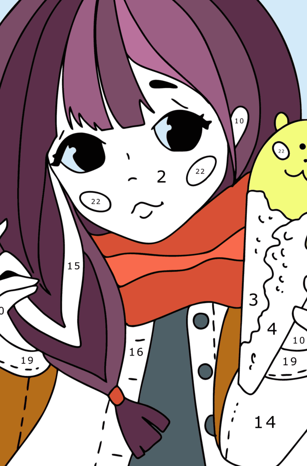 Boyama sayfası Sevimli anime kız - sayılarla oynamak yetişkinler için