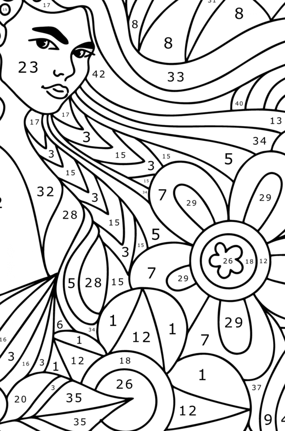 Flower woman antistress - Woman coloring pages for Adults Online