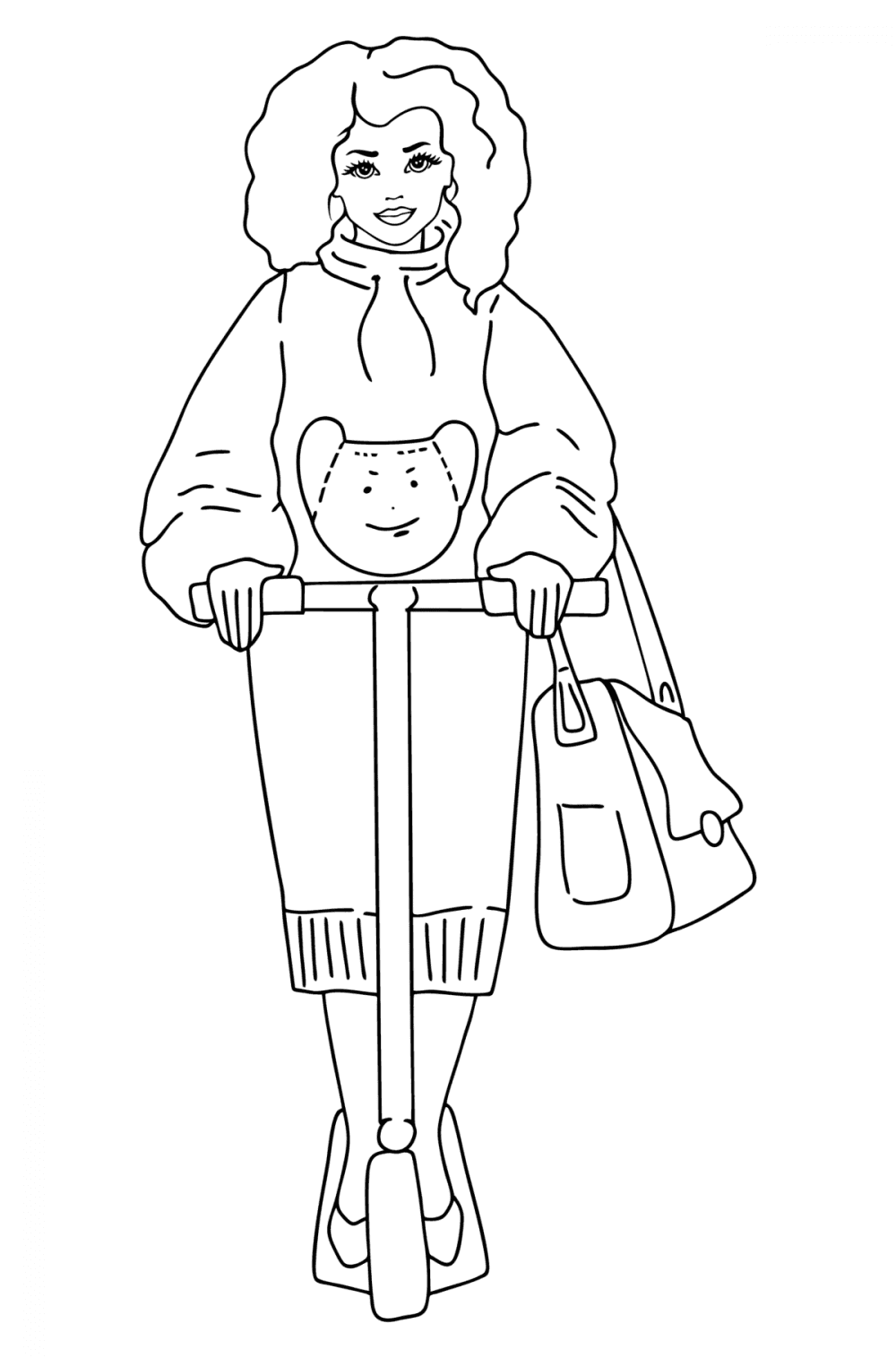 Woman on a scooter woman coloring pages for adults print and online