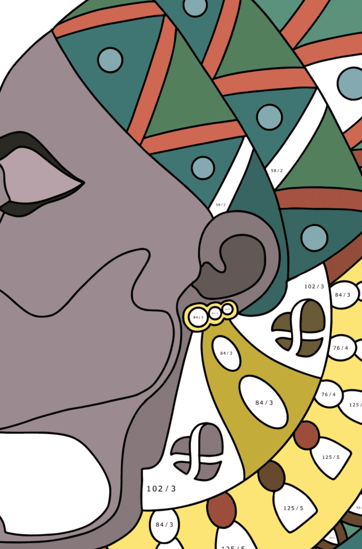 Раскраска красивое лицо девушки - Математическая Раскраска - Деление для Взрослых