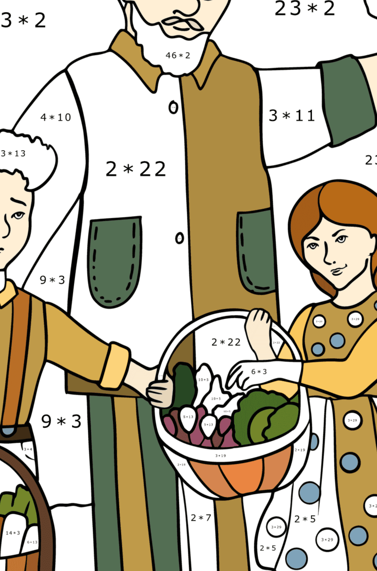 Раскраска Дедушка и внуки - Математическая Раскраска - Умножение для Взрослых