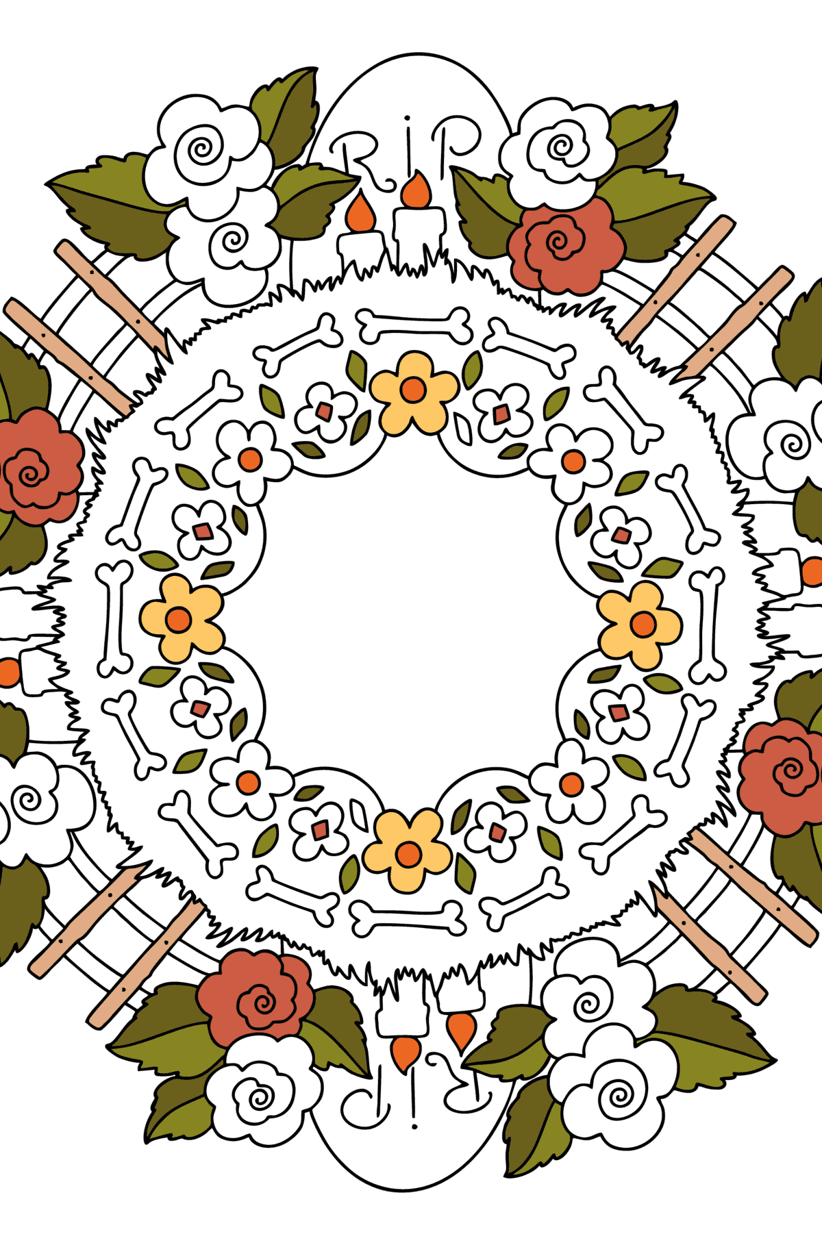 Mandala floreale con lapidi di Halloween da colorare - Disegni da colorare per adulti