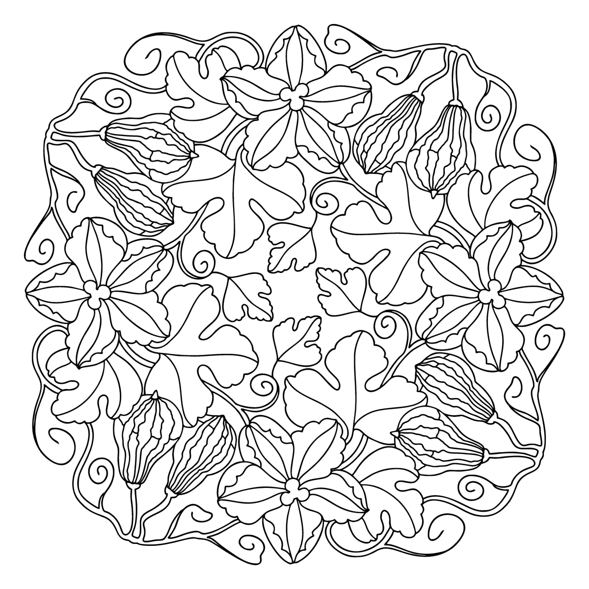 Pumpkin flowers mandala coloring page | Coloring-for-Adults.com