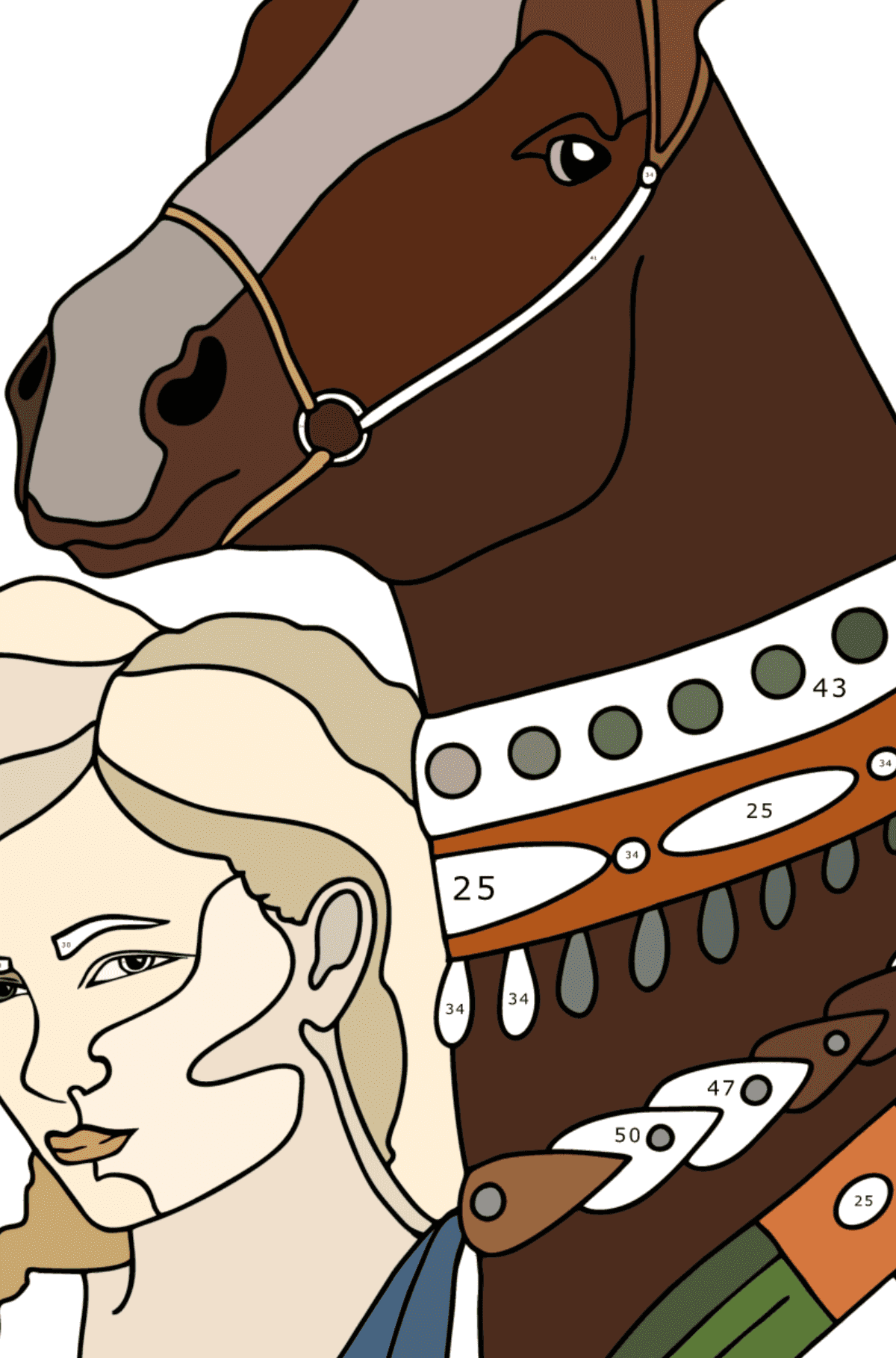 Раскраска Лошадь и молодая девушка - Раскраска по Номерам для Взрослых