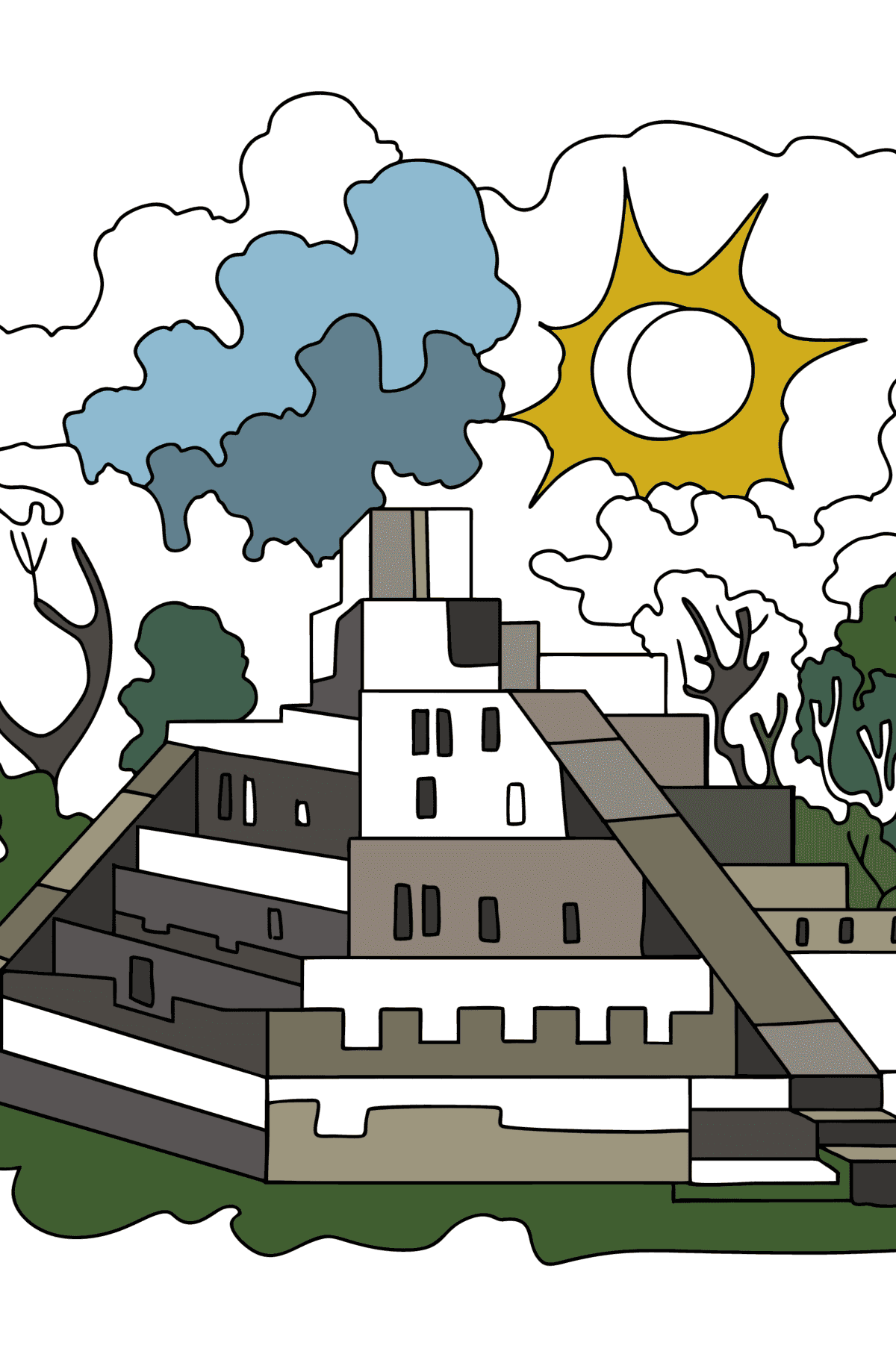 Tegning til fargelegging Formørkelse over Ziggurat - farge bok for voksne