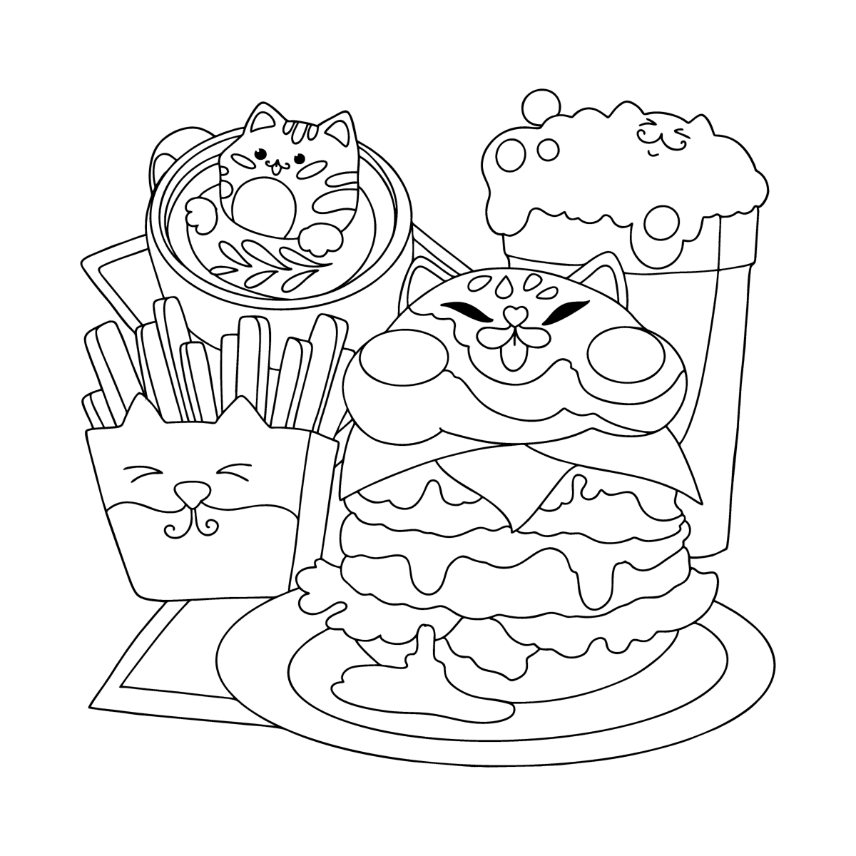 Kawaii burger cat coloring page coloring for adults