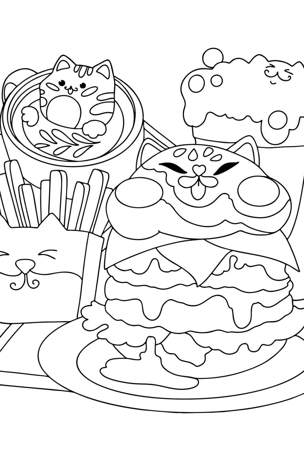 Kawaii burger cat coloring page coloring for adults