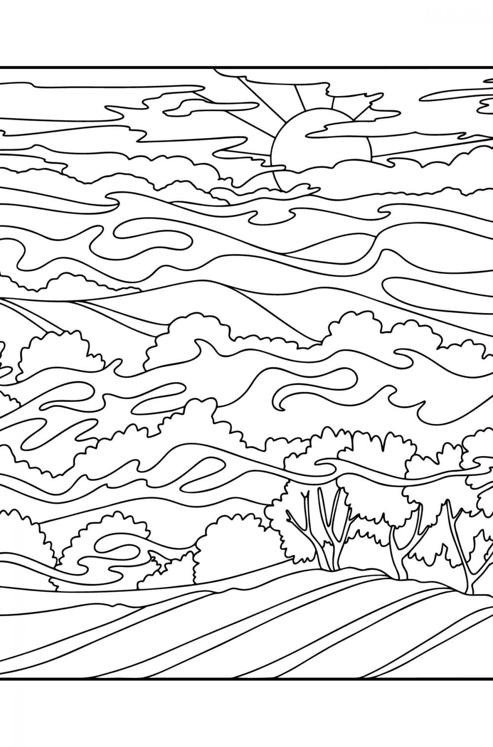 South Downs National Park Landscapes - Sunrise 14 Free Style Coloring Coloring Page Thumbnail 1000x1515 