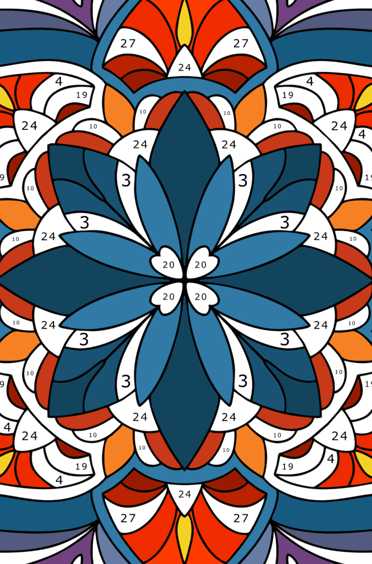 Boyama sayfası Mandala uyumu - sayılarla oynamak yetişkinler için