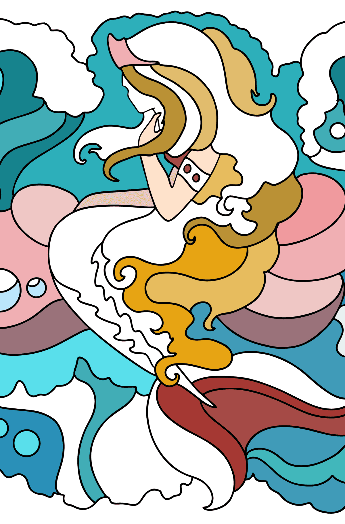 Mewarnai gambar Putri duyung yang anggun - buku mewarnai untuk orang dewasa