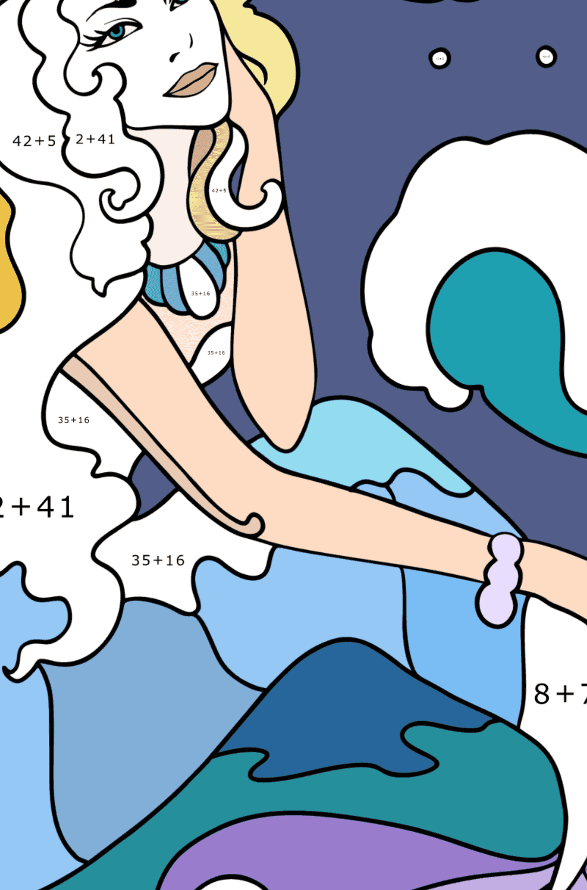 Mermaid coloring page - Math Coloring - Addition for Adults